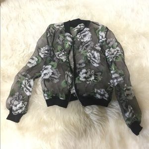Sheer floral bomber summer zipper front jacket